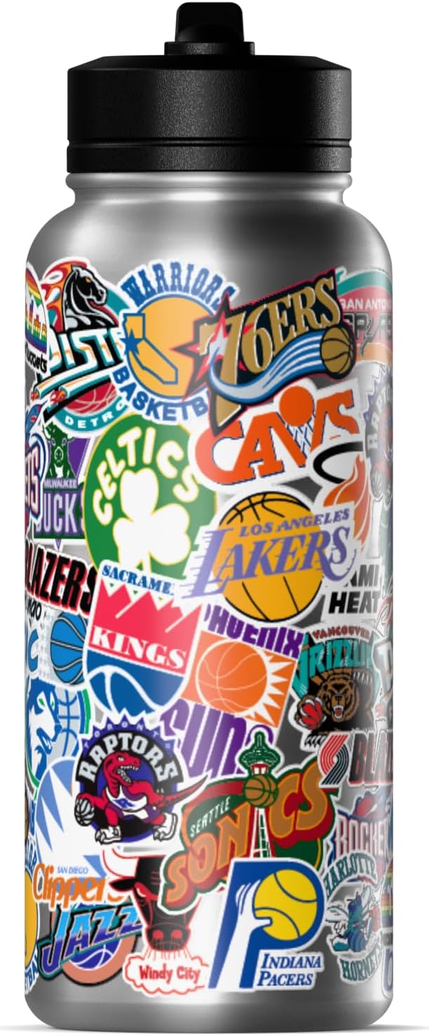 Hydrapeak x NBA Officially Licensed All Team Sticker Print 32 oz Insulated Water Bottle with Straw Lid and Handle Hardwood Classics Retro