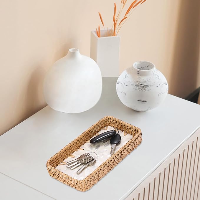 Decorative Key Basket for Entryway Small Handwoven Rattan Tray Rectangular Key Holder Tray Wicker Basket Organizer for Keys Remote Control Jewelry, White