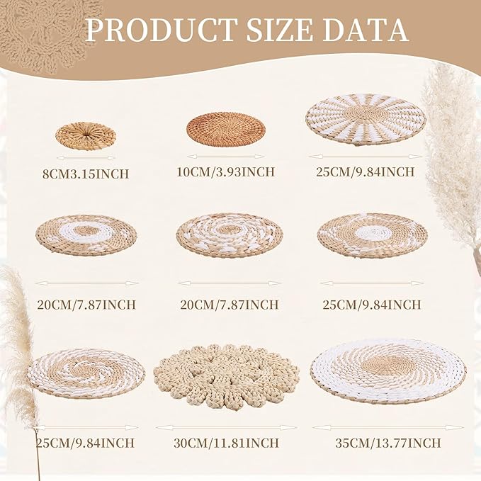 Boho Wall Basket Decor Set of 11 - Hanging Woven Bulrush Basket Wall Decor, Handcrafted Round Flat Baskets Wall Art, for Rustic Farmhouse、Home - Unique Rattan Wicker Wall Decor（White Retro）