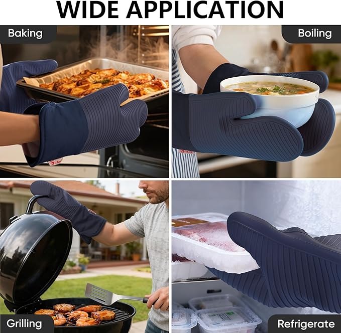 YUTAT Silicone Oven Mitts,High Heat Resistant Up to 500 Degrees,Waterproof Cooking Gloves with Soft Polyester Filling,Kitchen Potholder Set - Perfect for BBQ,Baking and Cooking,DKBlue,2 Pcs Set