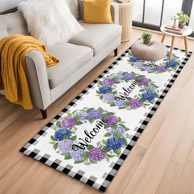 Runner Rug for Bedroom Hallway, Summer Hydrangea Leaf Kitchen Runner Rugs Area Rug 2x6ft, Purple Blue Flower Buffalo Check Washable Soft Floor Carpet for Entryway Stair