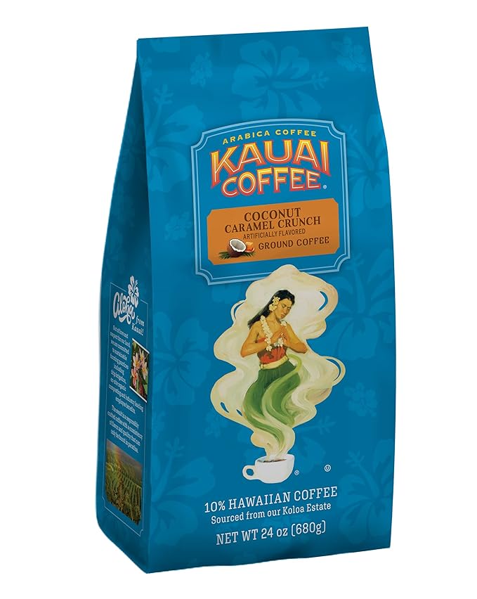 Kauai Coffee Ground Coffee – Smooth, Rich, Medium Roast – Nutty Caramel and Tropical Coconut – Arabica Coffee, 10% Hawaiian with No Bitterness – Coconut Caramel Crunch, 2 Pack of 24oz