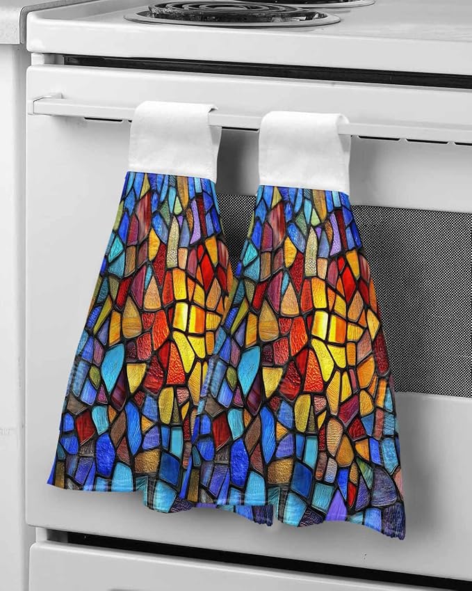 Alandar Home Kitchen Tie Towel Set of 2, Stained Glass Colorful Gradient Absorbent Soft Hand Towels for Bathroom Hanging Towels, Abstract Geometric Fast Drying Cleaning Cloth with Loop
