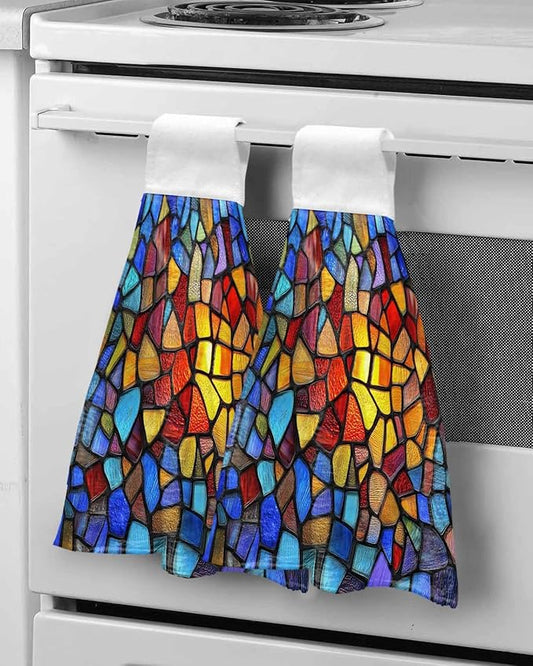 Alandar Home Kitchen Tie Towel Set of 2, Stained Glass Colorful Gradient Absorbent Soft Hand Towels for Bathroom Hanging Towels, Abstract Geometric Fast Drying Cleaning Cloth with Loop