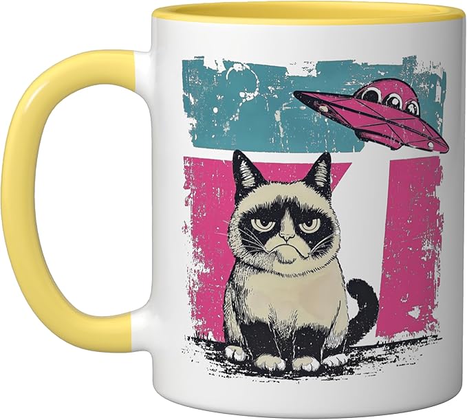 Retro UFO Ragdoll Cat Alien Sci Fi Space Funny Ceramic Mug, Yellow/White