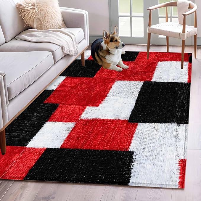Area Rug 4x6ft, Red Black White Gradient Washable Rugs for Living Room Bedroom, Abstract Color Block Soft Non-Slip Area Rugs Rectangle Floor Carpet for Dining Room