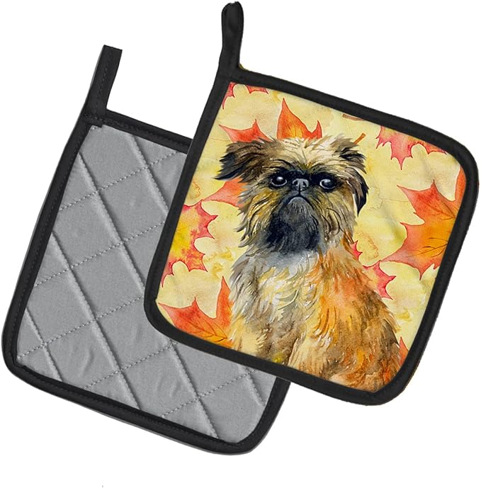 Caroline's Treasures BB9948PTHD Brussels Griffon Fall Pair of Pot Holders, Yellow Kitchen Heat Resistant Pot Holders Sets Oven Hot Pads for Cooking Baking BBQ, 7 1/2 x 7 1/2