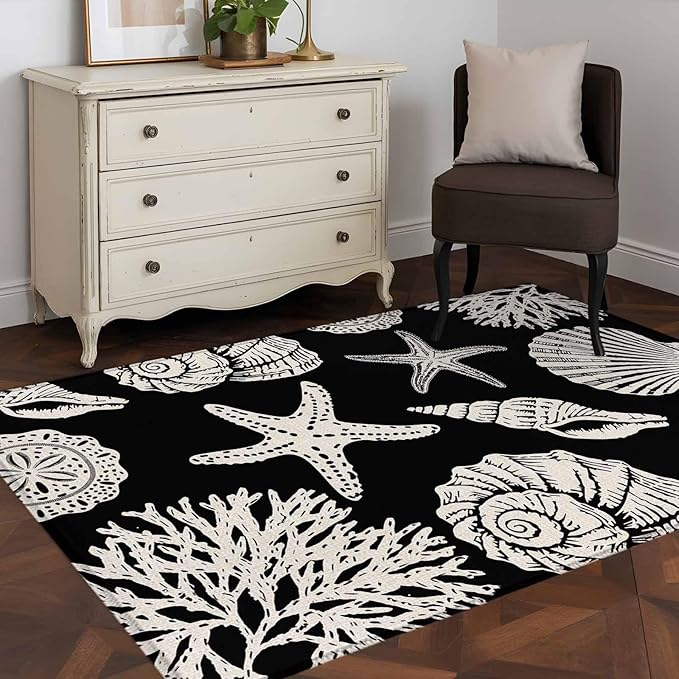 Area Rug 3x5ft, Marine Starfish Shell Conch Washable Rugs for Living Room Bedroom, Ocean Life on Black Soft Non-Slip Area Rugs Rectangle Floor Carpet for Dining Room