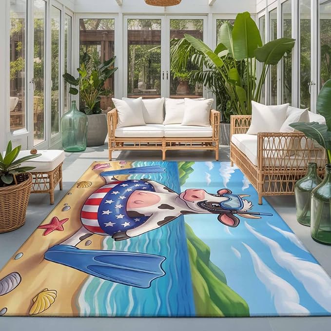 Area Rug 3x5ft, Summer Beach Snorkeling Cow Washable Rugs for Living Room Bedroom, Ocean Starfish Funny Animal Art Soft Non-Slip Area Rugs Rectangle Floor Carpet for Dining Room