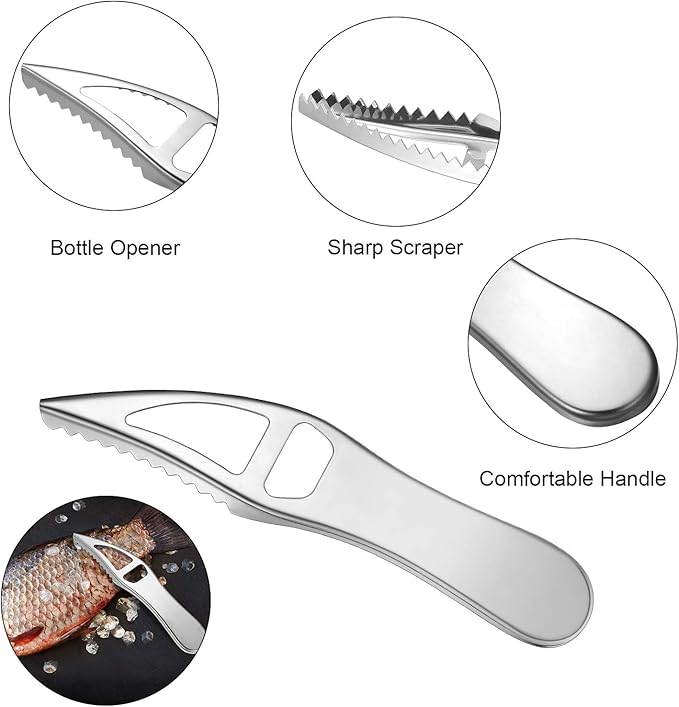 Honoson 4 Pcs Fish Scaler Remover Stainless Steel Fish Skin Scraper Grater Multi-functional Kitchen Peeler Scaler with Bottle Opener for Seafood Cleaning