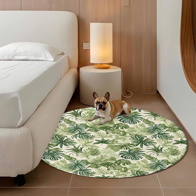 Washable Round Area Rug Green Palm Leaf Watercolor Circle Rugs Floor Carpet for Living Room Bedroom, Summer Tropical Leaves Soft Non Slip Round Rug 4ft