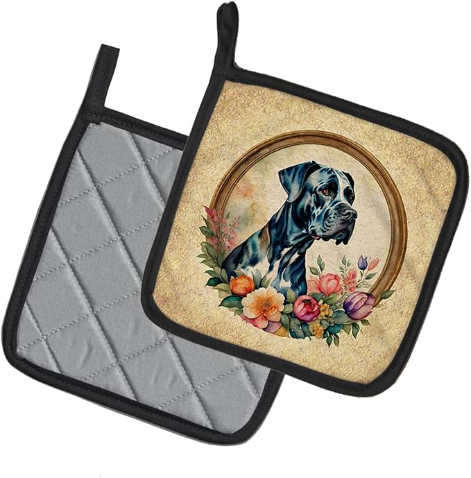 Caroline's Treasures Great Dane and Flowers Pair of Pot Holders Kitchen Heat Resistant Pot Holders Sets Oven Hot Pads for Cooking Baking BBQ, 7 1/2 x 7 1/2