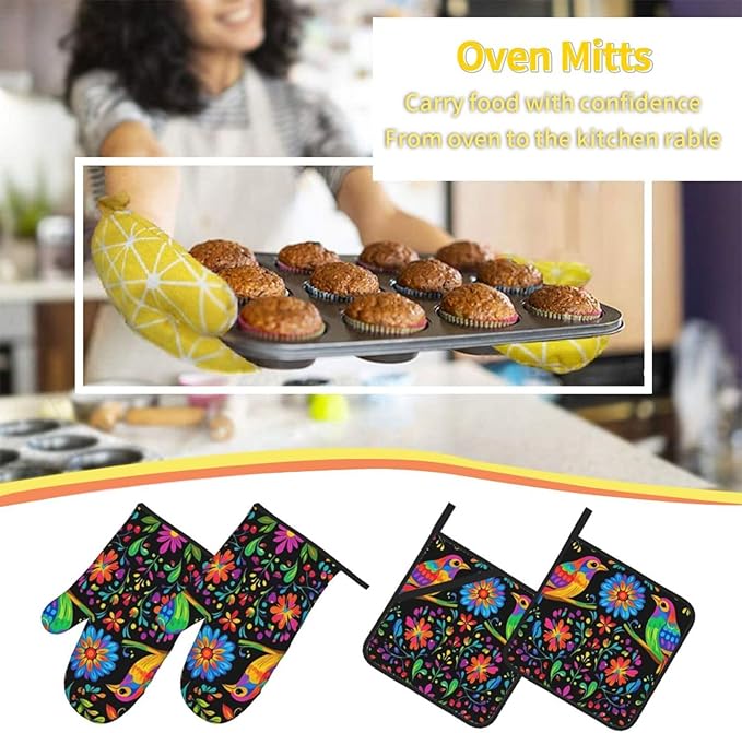 4 Pcs Mexican Flower Oven Mitts and Potholders,Kitchen Oven Glove with Pot Holders,Non-Slip Gloves High Heat Resistant 500 Degree for BBQ, Grill, Baking, Cooking, Oven, Microwave