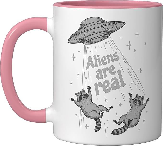 Aliens Are Real UFO Raccoon Abduction Ironic Meme Ceramic Mug, Pink/White