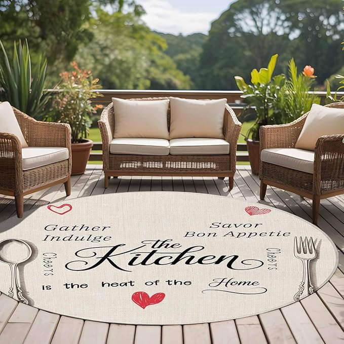 Washable Round Area Rug Spoon Fork Vintage Farmhouse Circle Rugs Floor Carpet for Living Room Bedroom, Abstract Love Retro Linen Soft Non Slip Round Rug 5ft
