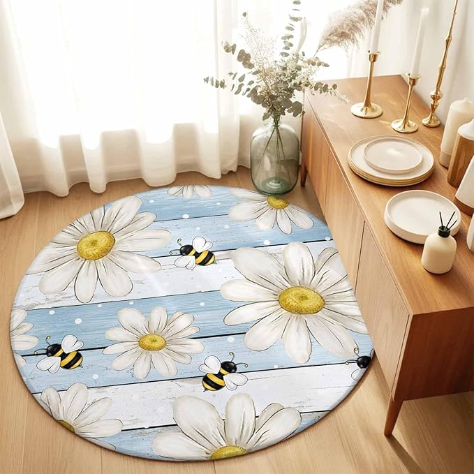 Washable Round Area Rug Watercolor White Daisy Floral Bee Circle Rugs Floor Carpet for Living Room Bedroom, Rustic Light Blue Wood Plank Soft Non Slip Round Rug 5ft