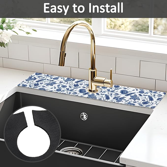 24" X 5.5" Kitchen Sink Splash Guard Faucet Mat Flora Super Absorbent Fast Drying Faucet Guard & Draining Mat Sink Splash Guard Behind Faucet for Kitchen, Bathroom