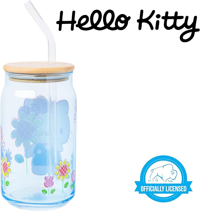 Silver Buffalo Sanrio Hello Kitty Floral Glass Tumbler with Bamboo Lid and Glass Straw, 16 Ounces