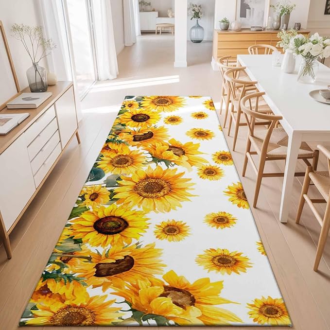 Runner Rug for Bedroom Hallway, Summer Pastoral Sunflower Kitchen Runner Rugs Area Rug 2x6ft, Farmhouse Yellow Flower Washable Soft Floor Carpet for Entryway Stair