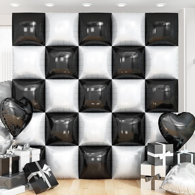 Black White Square Foil Balloon Wall,25Pcs Double Sided Checkered Balloons Backdrop Helium Balloon Tunnel Arch Garland Kit for Birthday Bridal Anniversary Baby Shower Party Decorations