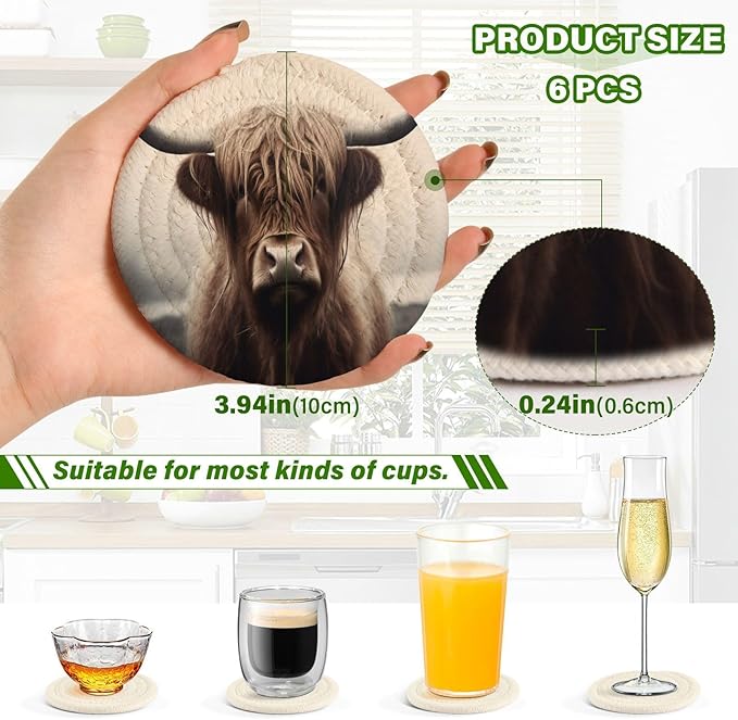 YETTASBIN Highland Cow 6 Pcs Drink Coasters with Holder, Cotton Woven Absorbent Heat-Resistant Round Coaster Non-Slip Table Mat for Kitchen Bar Home Decor Housewarming Gift, 3.9 in