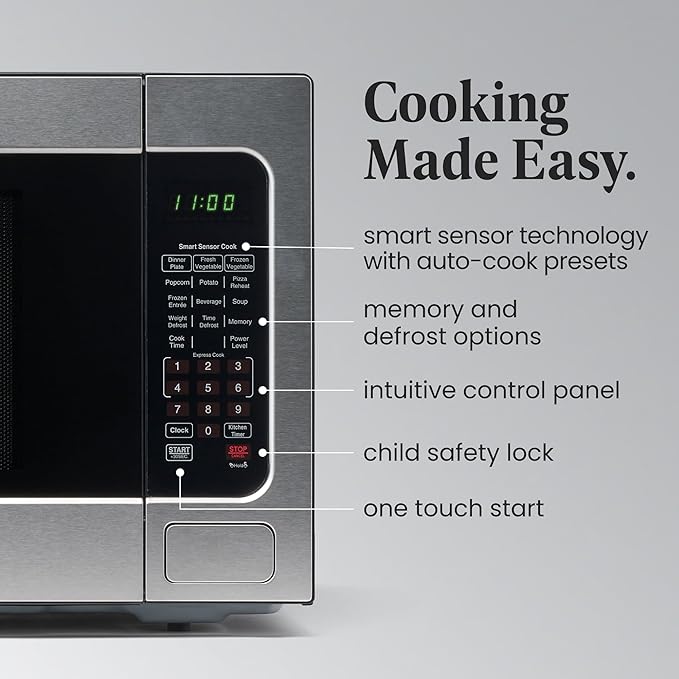 Farberware 2.2 Cu. Ft. Countertop Microwave Oven – 1100 Watts Power, Smart Sensor Auto Cook Settings, Defrost, Easy Clean and Child Safety Lock - Stainless