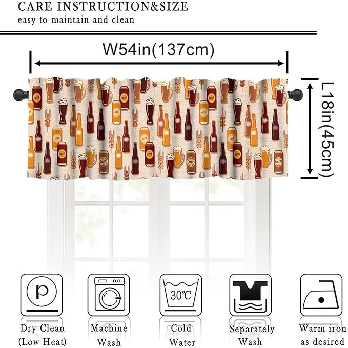 Retro Beer Curtain Valance, Brown Beer Wheat Bottle Print Decorative Short Rod Pocket Window Treatment for Kitchen Dining Bedroom Living Room, 54x18Inch