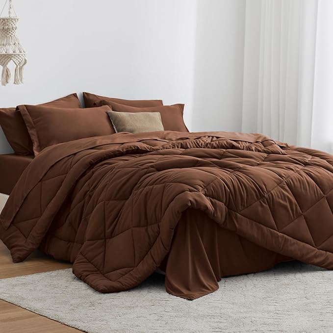 Love's cabin King Size Comforter Set Brown, 7 Pieces King Bed in a Bag, All Season Bedding Sets with 1 Comforter, 1 Flat Sheet, 1 Fitted Sheet, 2 Pillowcase and 2 Pillow Sham | Soft, Breathable, Lightweight, Comfortable