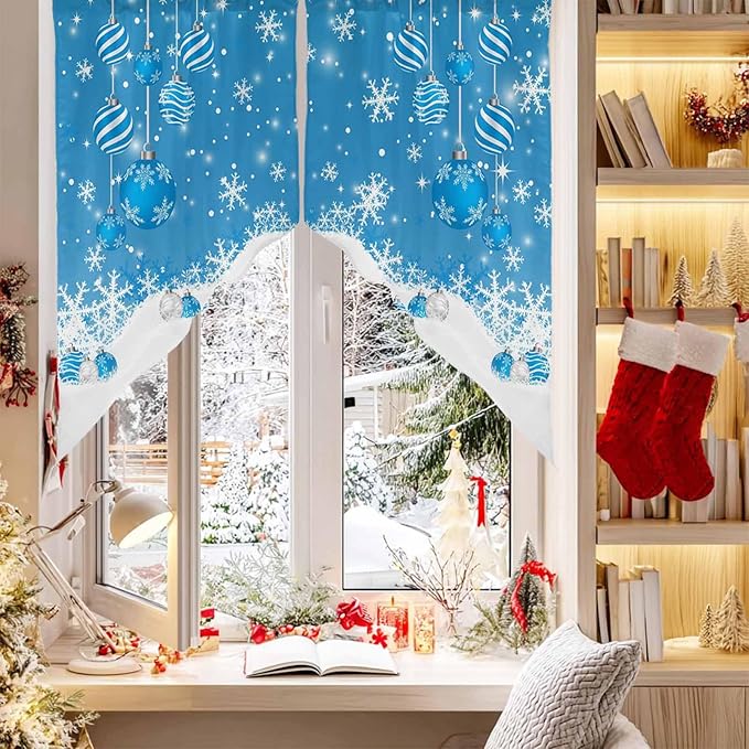 Prime Leader Blue Christmas Balls Swag Valance Curains Xmas Snowflake Christmas Rod Pocket Kitchen Curtains Scalloped Window Treatment Valances Swag for Living Room Bedroom, 1 Pair, 36" W x 45" L