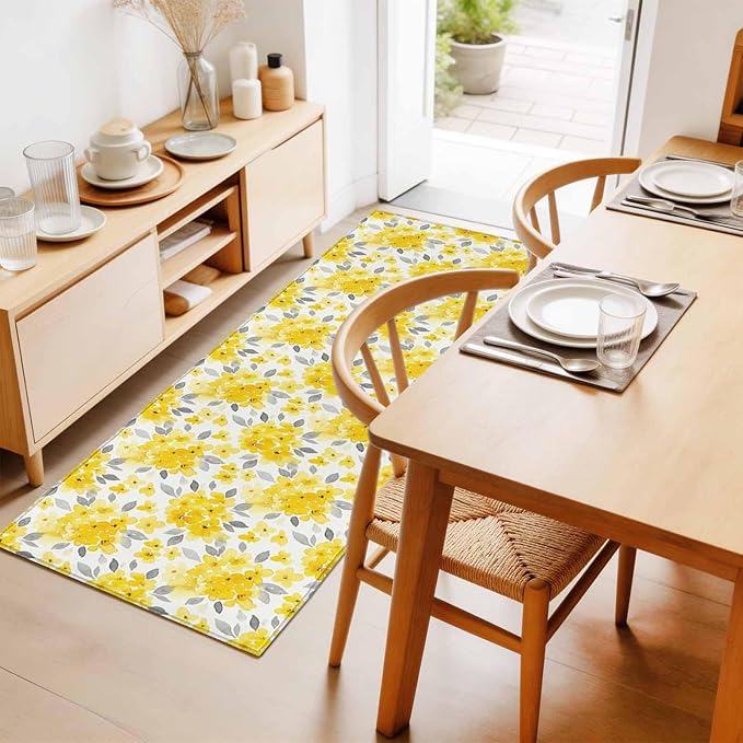 Runner Rug for Bedroom Hallway, Summer Pastoral Yellow Flower Kitchen Runner Rugs Area Rug 2x6ft, Country Floral Leaf Theme Washable Soft Floor Carpet for Entryway Stair