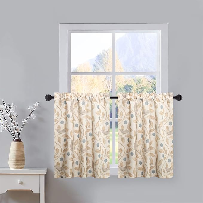 VOGOL Mini Tier Curtains for Small Windows, Cute Birds Print Short Curtains for Nursery Bathroom, Cafe, Door Head, 30 x 30, 2 Panels, Top Pocket