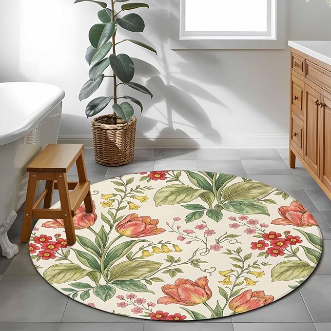 Washable Round Area Rug Vintage Tulips Red Daisies Circle Rugs Floor Carpet for Living Room Bedroom, Yellow Blooms Floral Pattern Soft Non Slip Round Rug 3ft