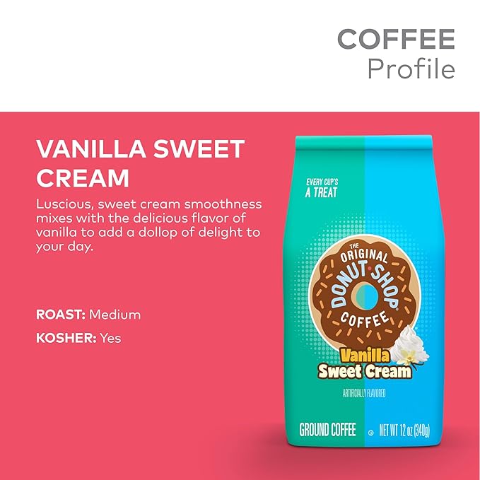 The Original Donut Shop Coffee, Vanilla Sweet Cream, Medium Roast, Flavored Ground Coffee, 12 oz Bag