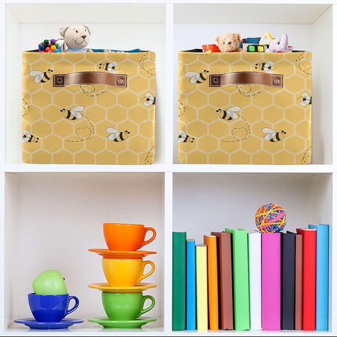 Rectangular Storage Bin Bee Yellow Airy Print Storage Baskets with Handles Toy Bins Shelf Basket for Nursery Room Kids Toy Pets Closet