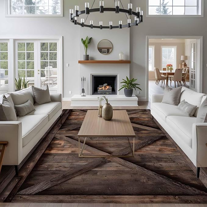 Area Rug 6x9ft, Vintage Farmhouse Barn Washable Rugs for Living Room Bedroom, Country Wooden Plank Soft Non-Slip Area Rugs Rectangle Floor Carpet for Dining Room