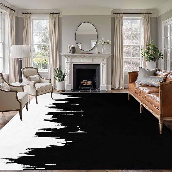 Area Rug 9x12ft, Abstract Black Graffiti Texture Washable Rugs for Living Room Bedroom Rectangle Floor Carpet, Modern Minimalist Art Soft Non-Slip Area Rugs for Dining Room