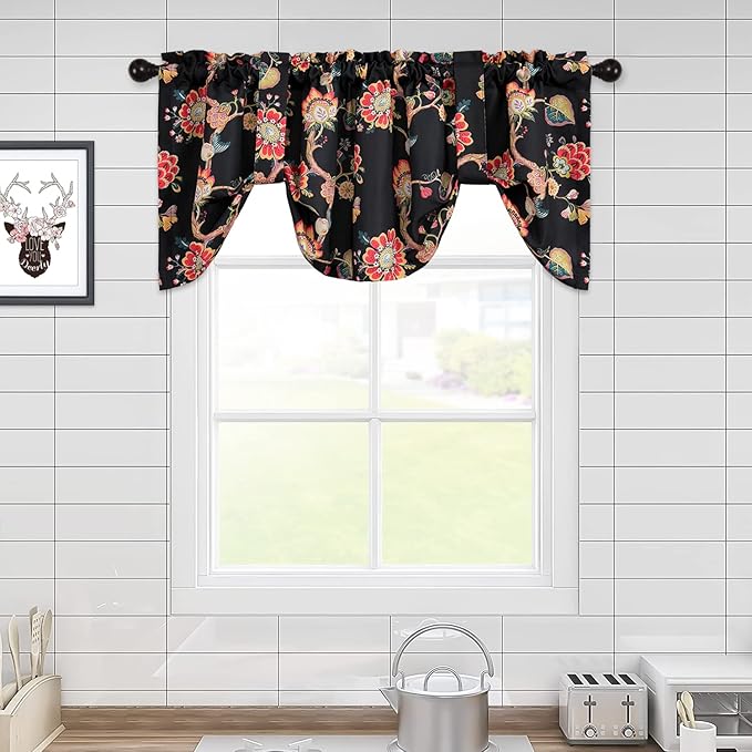 Leeva Tie-up Shade Curtains Valance for Bedroom, Rustic Flowers Pattern Light Filtering Rod Pocket Window Treatment Valances for Living Room Kitchen Bathroom, One Panel, 52 x 18, Black
