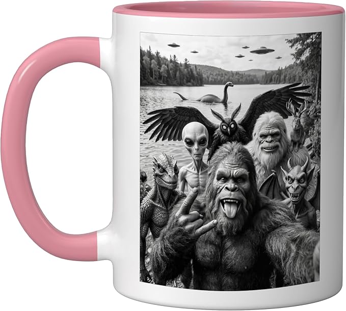 Bigfoot Alien Loch Ness Monster UFO Cryptids Selfie Ceramic Mug, Pink/White