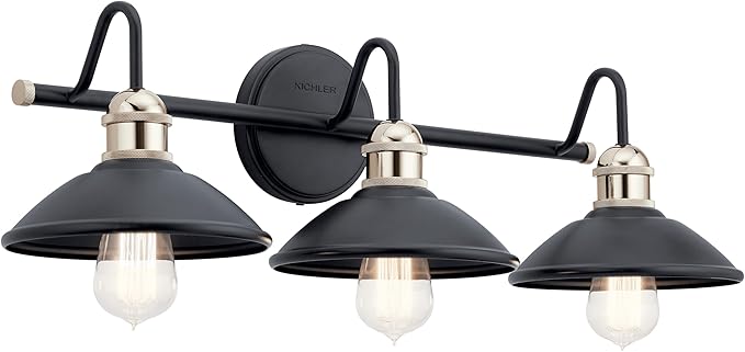 Kichler Clyde 3-Light Bathroom Vanity Light Fixture with Vintage Industrial Design in Black Finish, Wall Mount Over Mirror Lighting for Bathroom (7.25" x 26.5" x 8.25"), 45945BK