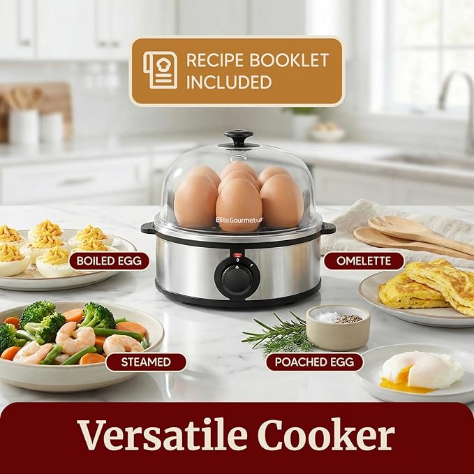 Elite Gourmet EGC648 Easy Electric Poacher, Omelet Eggs & Soft, Medium, Hard-Boiled Egg Boiler Cooker with Auto Shut-Off and Buzzer, Measuring Cup Included, BPA Free, Stainless Steel 7 Egg