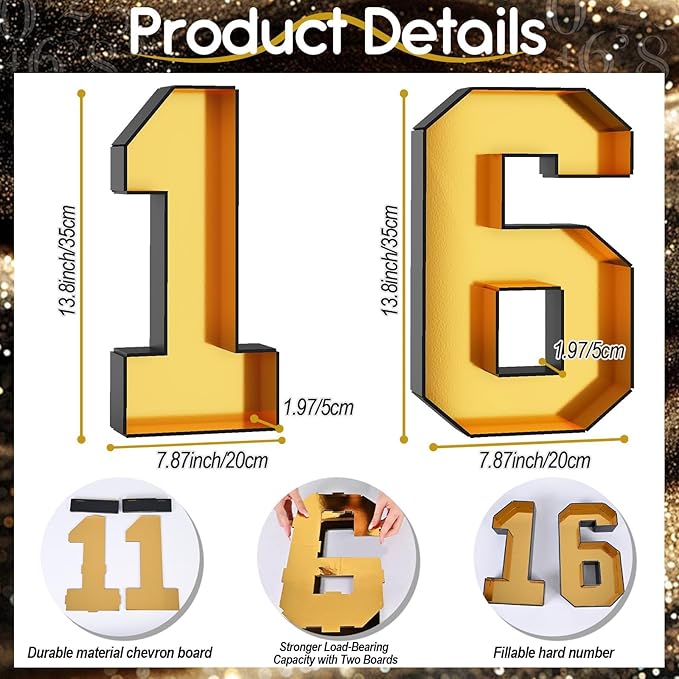 16 Cardboard Numbers for Charcuterie Numbers Fillable 13.8'' Black Gold Paper Mache Number Shaped Cupcake Pans Board Box Trays Container for Food Candy 16th Birthday Party Decorations Anniversary