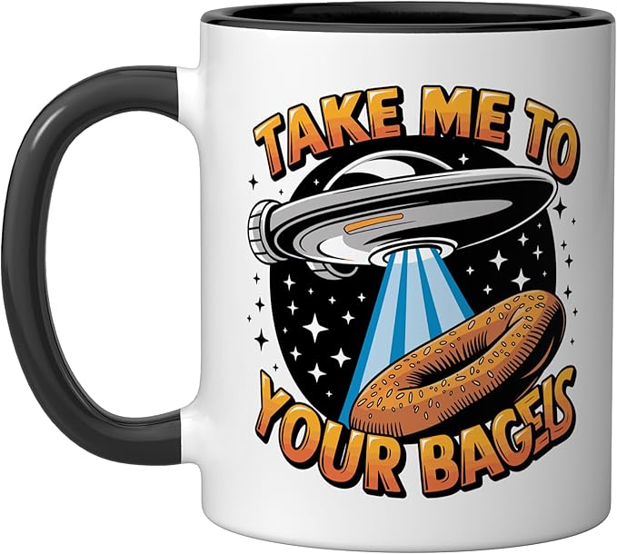 Take Me to Your Bagels UFO Abduction Jewish Funny Bagel Ceramic Mug, Black/White