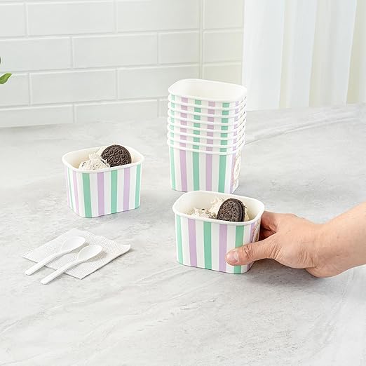 Coppetta 12 Ounce Dessert Cups, 50 Greaseproof Ice Cream Cups - Lids Sold Separately, For Hot And Cold Foods, Purple And Blue Stripe Paper Yogurt Bowls, Disposable, Sturdy - Restaurantware