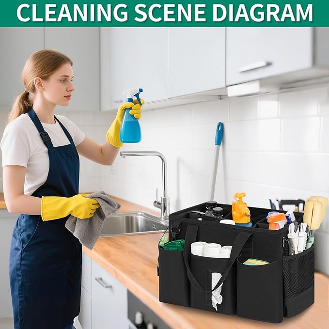 IBVIVIC Wearable Cleaning Caddy Bag for Cleaning Supplies, Large Capacity Cleaning Organizer Tote Bag Simple Kitchen Cleaning Supplies Storage Bag for Cleaners Housekeepers (Black)