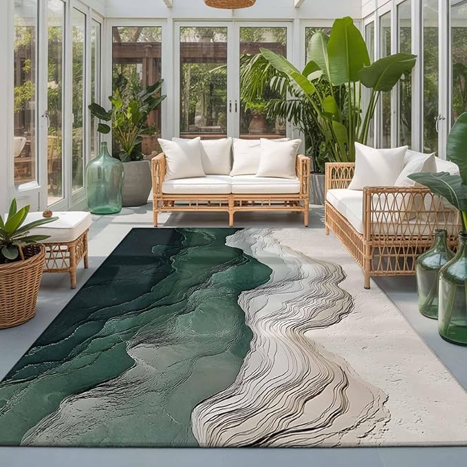 Area Rug 3x5ft, Rustic Green Gray White Mountain Range Washable Rugs for Living Room Bedroom, Abstract Art Soft Non-Slip Area Rugs Rectangle Floor Carpet for Dining Room