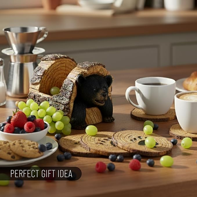Black Bear Rustic Log Coaster Set - Drink Holders for Home Decor - Bear Print Cabin Coasters