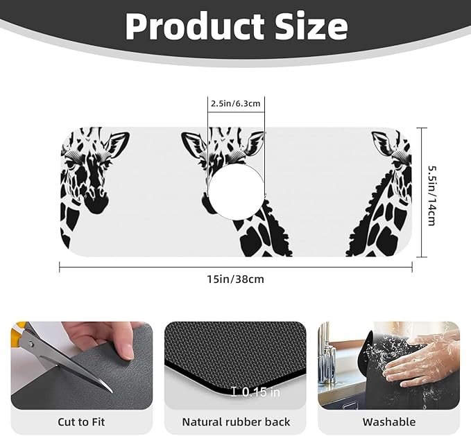 Black and White Giraffe Printed Faucet Absorbent mat, Suitable for bathrooms, Kitchens, and Other Sink Areas.