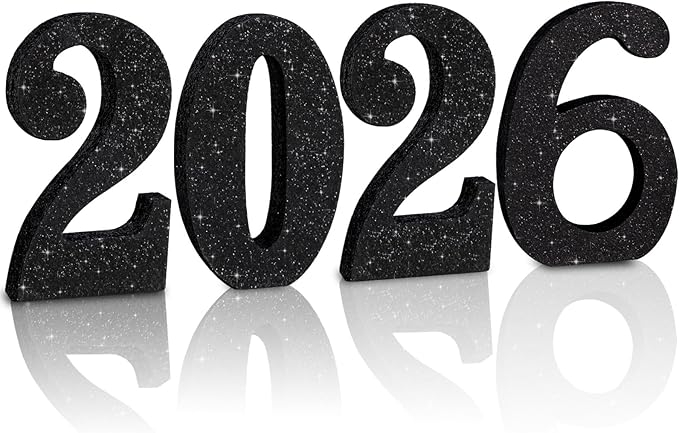 TONIFUL 4 Inch 2026 Black Glitter Table Centerpiece Sign 2026 Number Word Sign,2026 Wooden Numbers Block for New Year Eve,Graduation,Chrismas,Anniversary Party Supplies