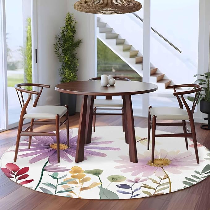 Washable Round Area Rug Country Field Purple Flowers Circle Rugs Floor Carpet for Living Room Bedroom, Farm Floral Art Soft Non Slip Round Rug 5ft