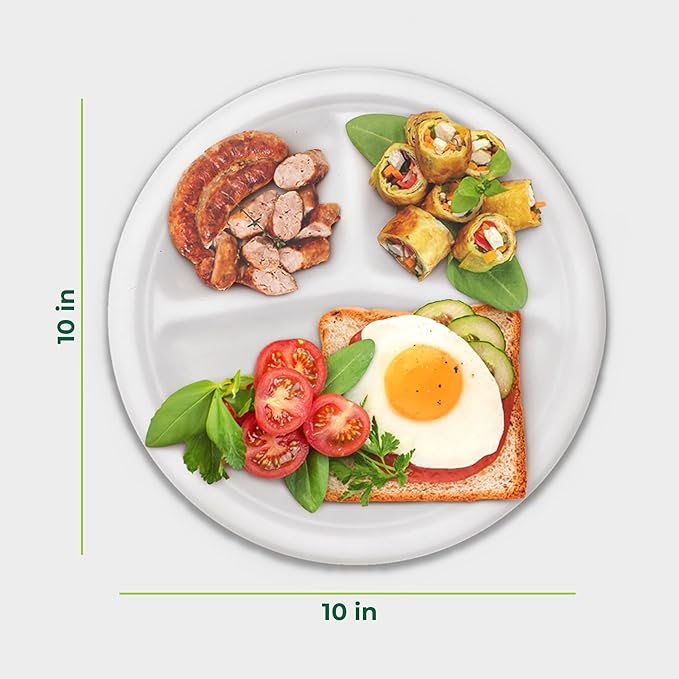 Freshware Paper Plates - Disposable 10" Plate, 150-Pack, Biodegradable Sugarcane Dinner Plates - Heavy Duty Dinnerware - Microwave & Freezer Safe, Stackable Dinnerware - 3-Compartment